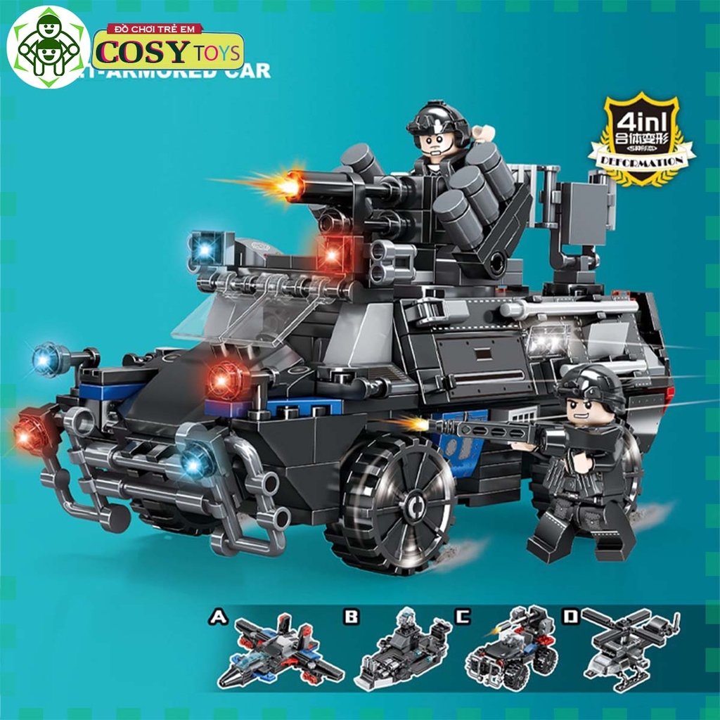 Đồ chơi xếp hình lắp ghép xe quân sự loại 4 trong 1 với 415 mảnh ghép cho bé
