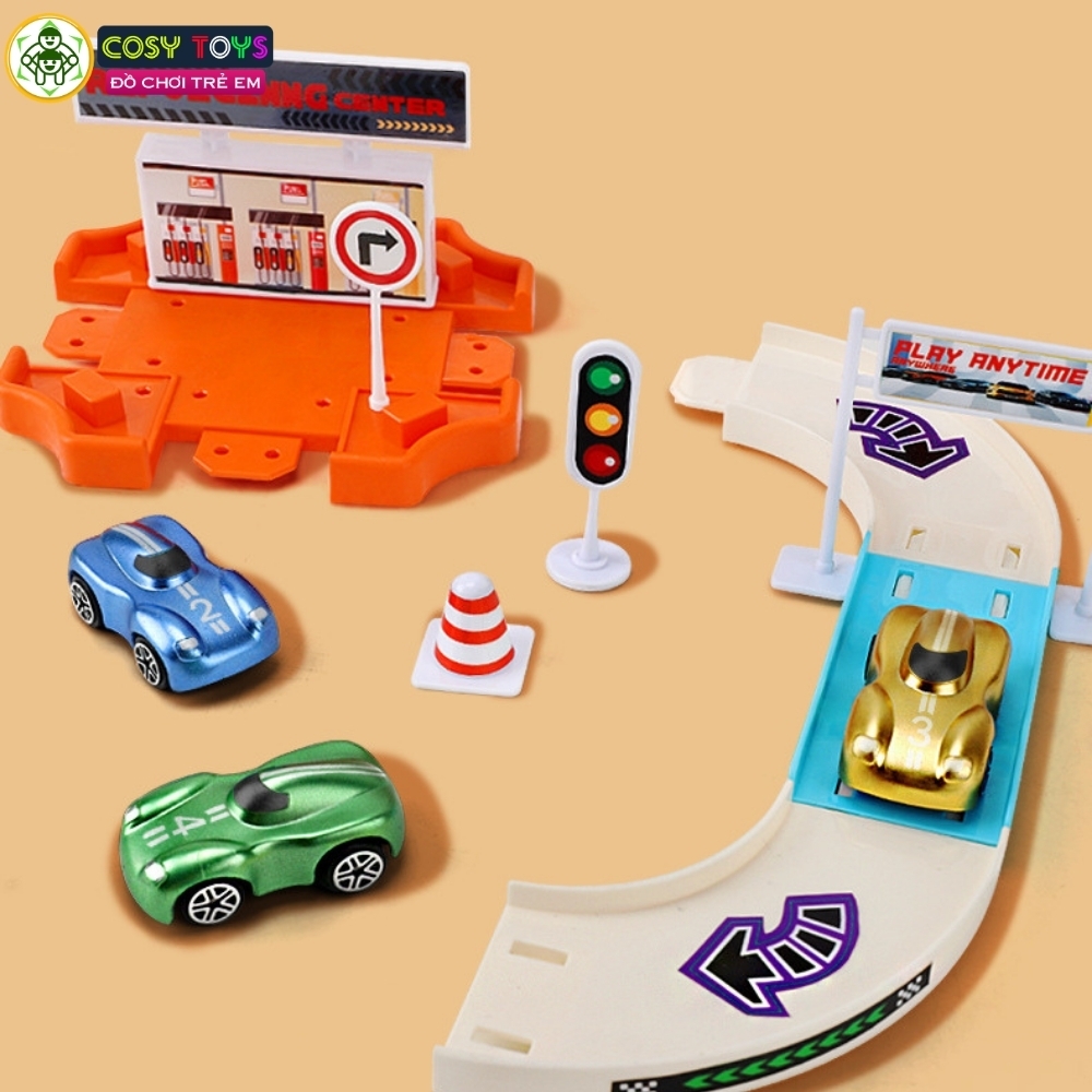 Đồ chơi gara ô tô gồm trạm đỗ xăng, ngã ba chuyển xe với 3 tầng kèm 4 xe ô tô với 138 chi tiết cho bé