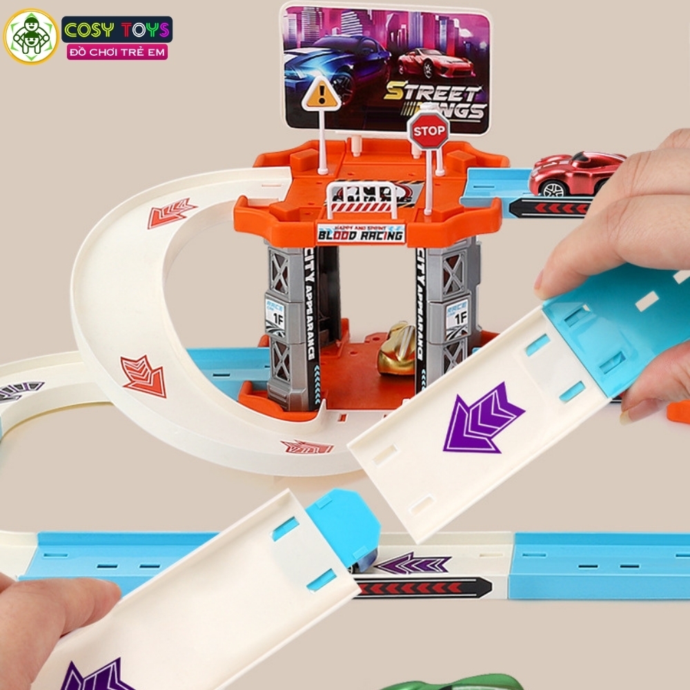 Đồ chơi gara ô tô gồm trạm đỗ xăng, ngã ba chuyển xe với 3 tầng kèm 4 xe ô tô với 138 chi tiết cho bé