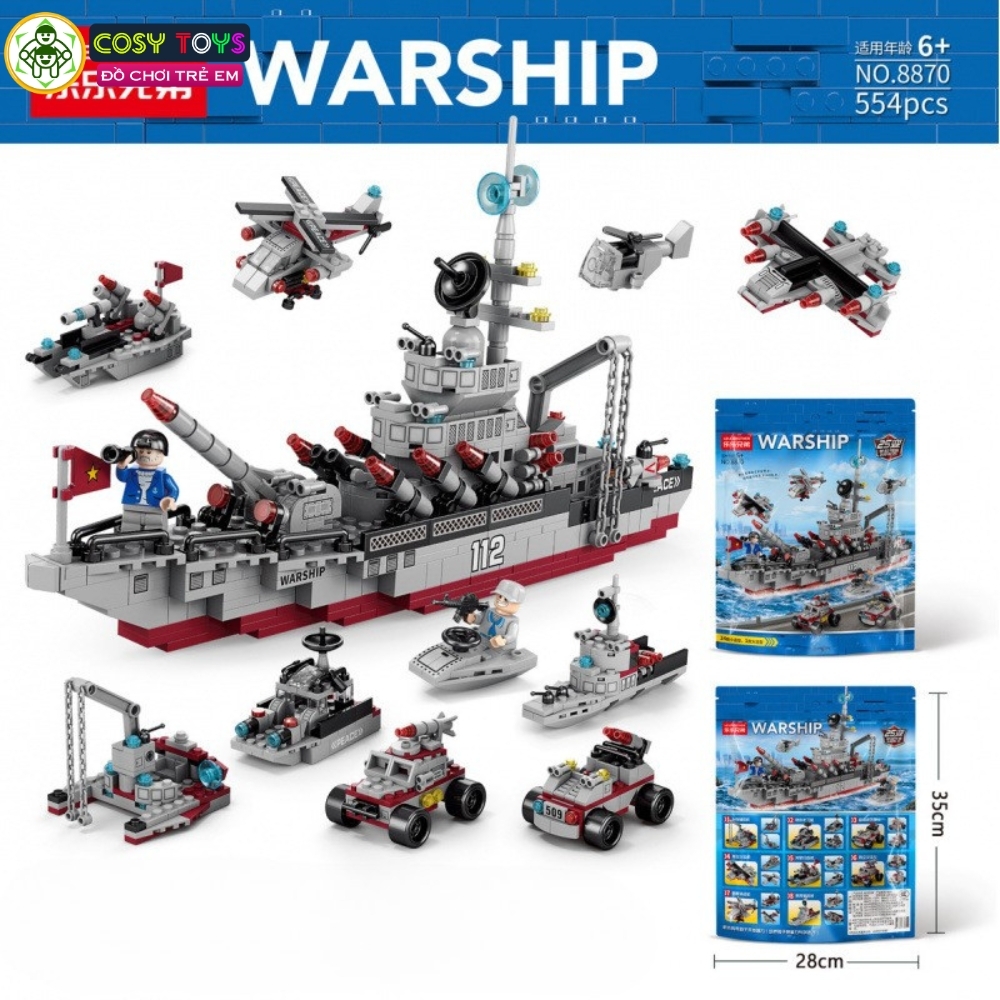 Đồ chơi lắp ghép xếp hình tàu chiến 24 trong 1 (dạng túi) kèm nhiều mẫu trực thăng, tàu nhỏ và các nhân vật thủy thủ với 554 mảnh ghép