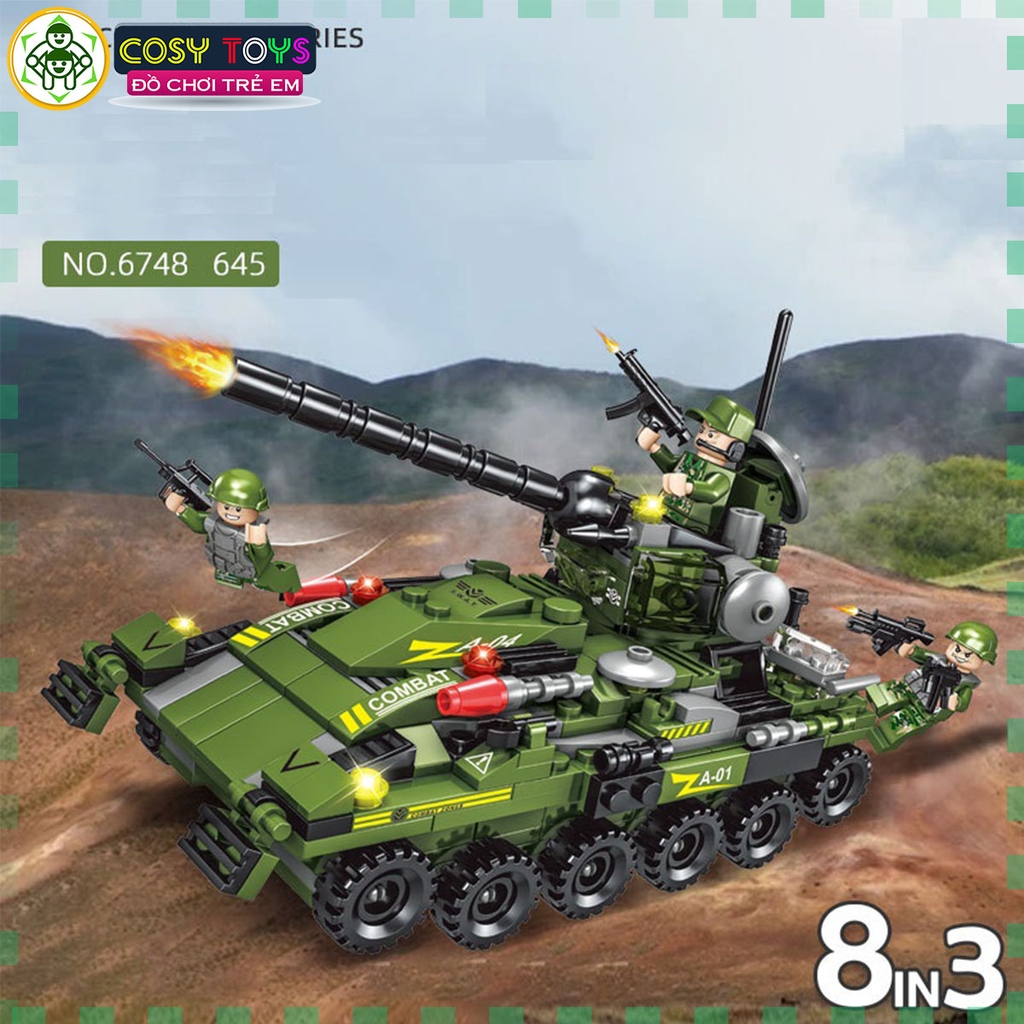Đồ chơi lắp ghép xếp hình xe tăng quân sự mẫu 8 in 3 xếp được nhiều mẫu xe nhỏ với hơn 645 chi tiết