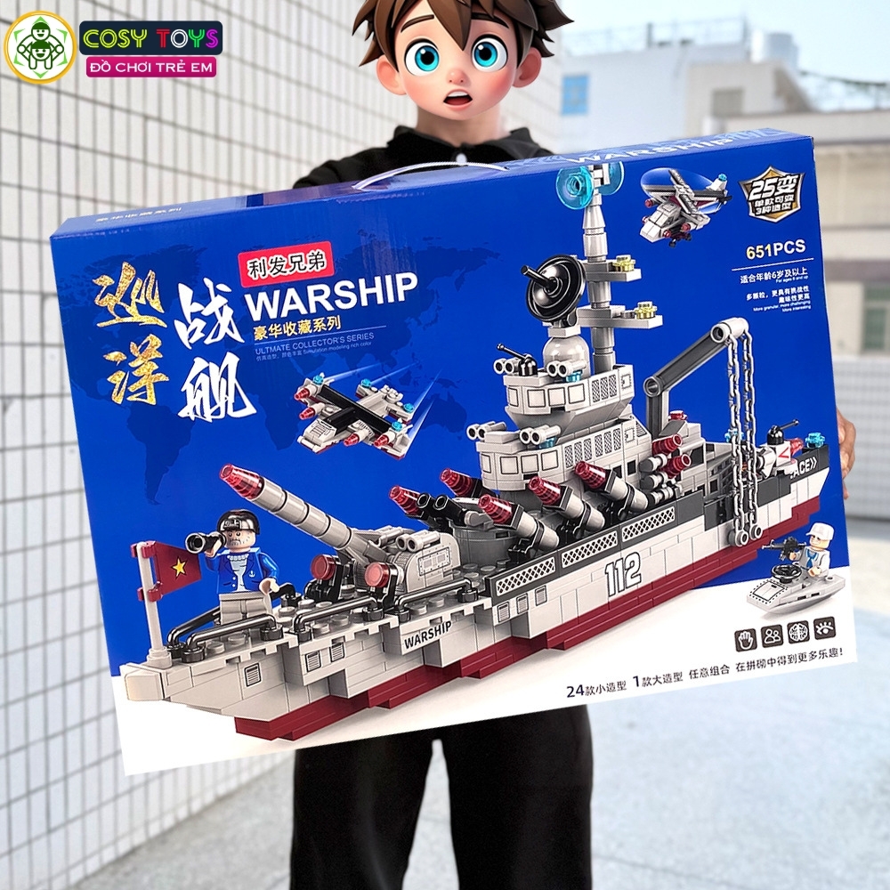 Đồ chơi lắp ghép xếp hình tàu chiến 24 trong 1 kèm nhiều mẫu trực thăng, tàu nhỏ và các nhân vật thủy thủ với 651 mảnh ghép