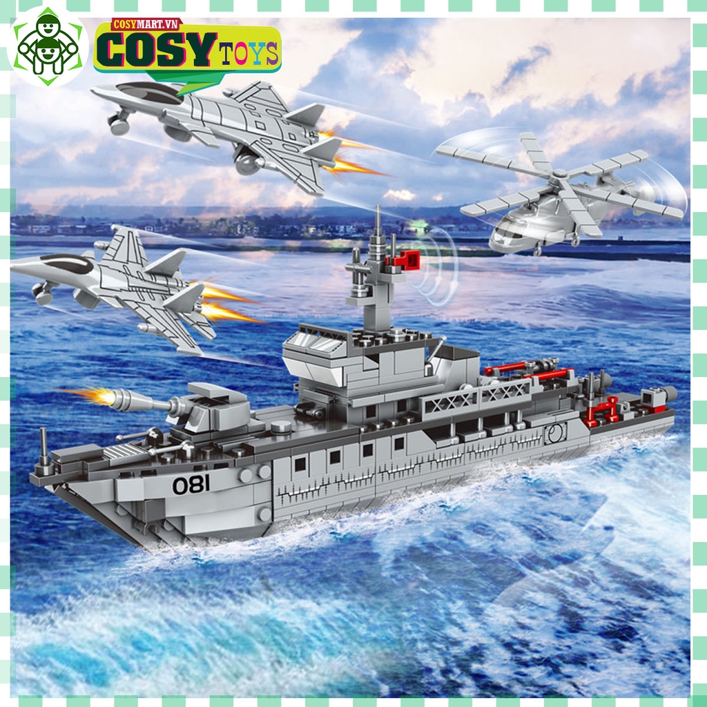 Đồ chơi xếp hình lego tàu hải quân kèm máy bay cùng thủy thủ đoàn với 414 mảnh ghép cho bé