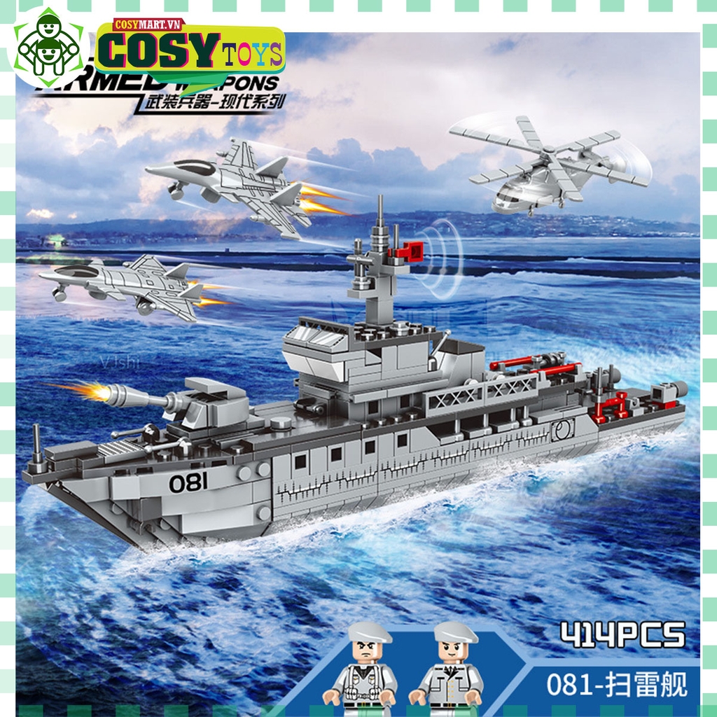 Đồ chơi xếp hình lego tàu hải quân kèm máy bay cùng thủy thủ đoàn với 414 mảnh ghép cho bé