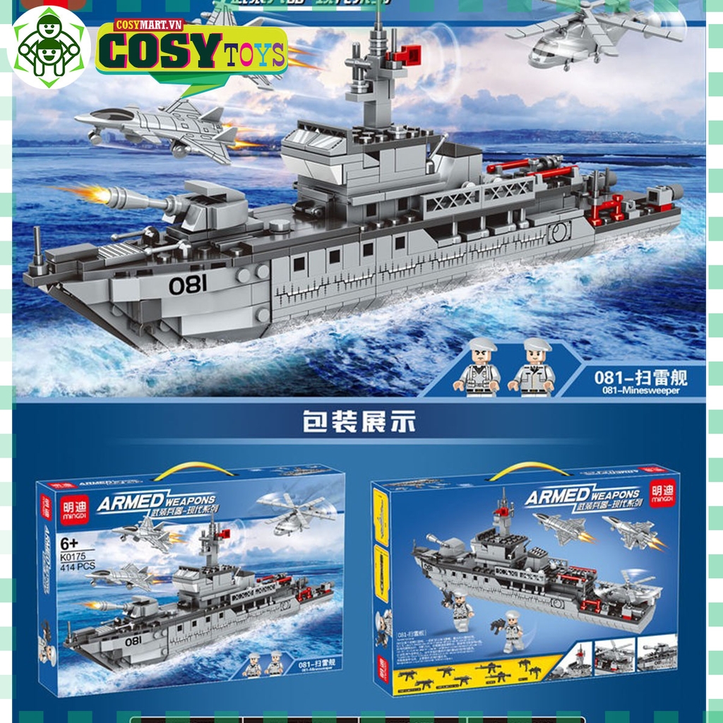 Đồ chơi xếp hình lego tàu hải quân kèm máy bay cùng thủy thủ đoàn với 414 mảnh ghép cho bé