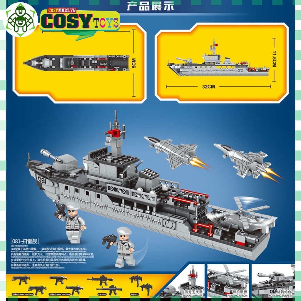 Đồ chơi xếp hình lego tàu hải quân kèm máy bay cùng thủy thủ đoàn với 414 mảnh ghép cho bé