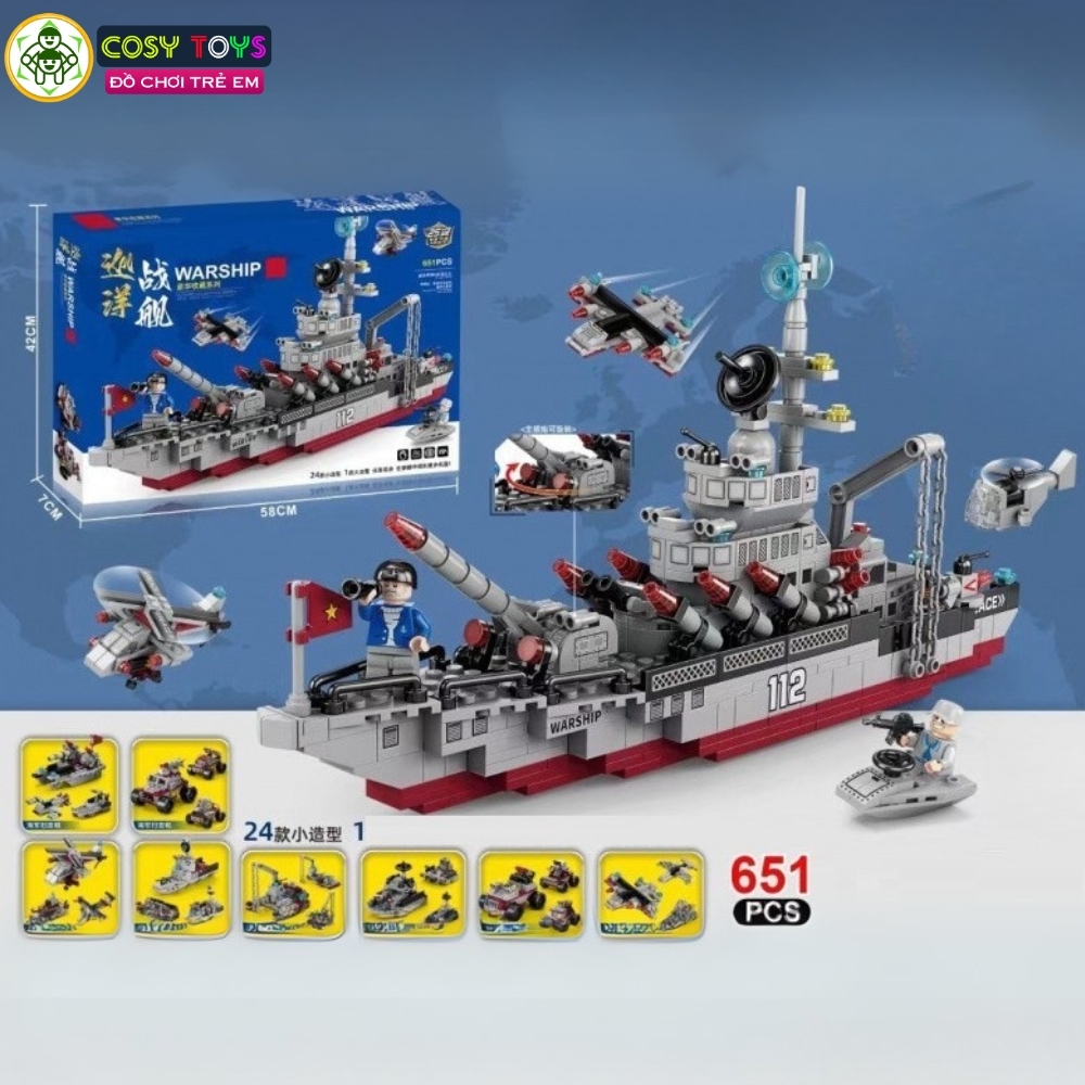 Đồ chơi lắp ghép xếp hình tàu chiến 24 trong 1 kèm nhiều mẫu trực thăng, tàu nhỏ và các nhân vật thủy thủ với 651 mảnh ghép