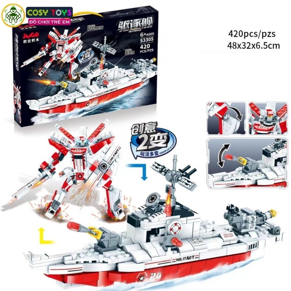 Đồ chơi lắp ghép xếp hình siêu nhân biến hình tàu chiến 2 trong 1 với 420 chi tiết