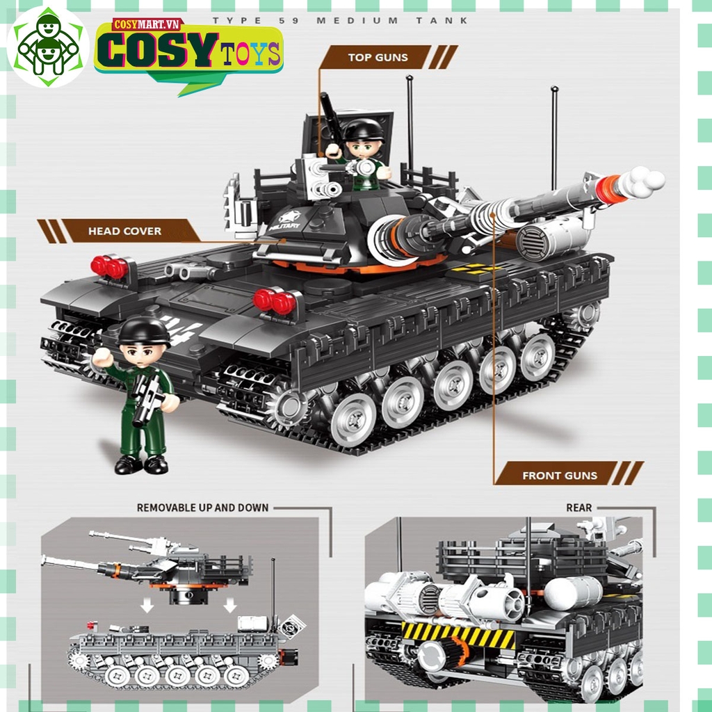 Đồ chơi lắp ghép xếp hình xe tăng quân sự có khớp xoay linh hoạt với 607 mảnh ghép