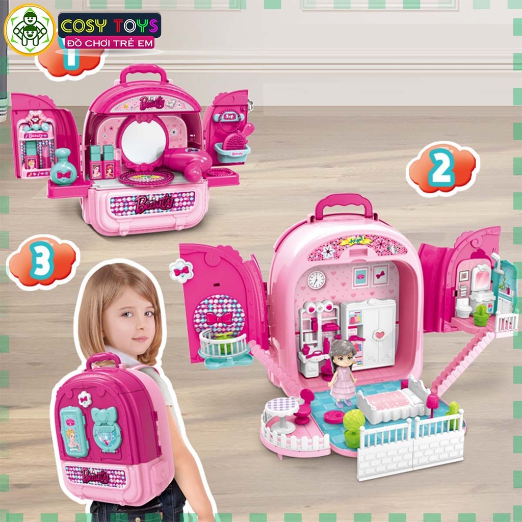 Đồ chơi vali trang điểm 3 trong 1 vừa làm phòng trang điểm-căn phòng búp bê và vali đeo cho bé