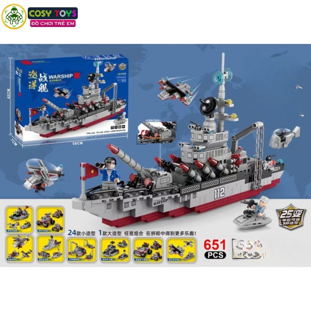 Đồ chơi lắp ghép xếp hình tàu chiến 24 trong 1 kèm nhiều mẫu trực thăng, tàu nhỏ và các nhân vật thủy thủ với 651 mảnh ghép