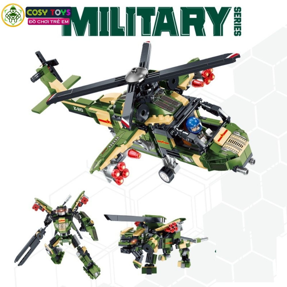 Đồ chơi lắp ghép xếp hình máy bay trực thăng vũ trang 3 trong 1 với 489 mảnh ghép