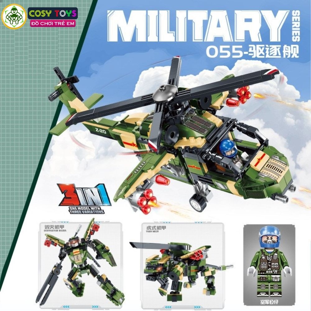 Đồ chơi lắp ghép xếp hình máy bay trực thăng vũ trang 3 trong 1 với 489 mảnh ghép