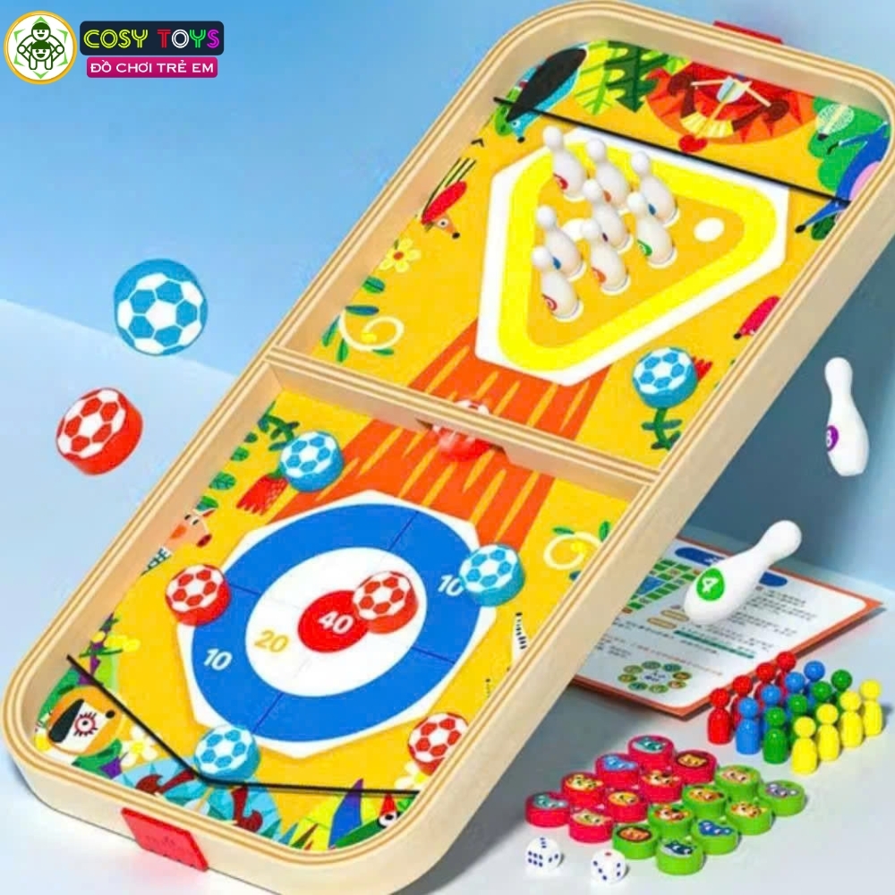 Bộ bàn cờ 5 trong 1 bằng gỗ gồm bàn bóng búng dây su, boling, banh ném và 4 quân cờ người cho bé