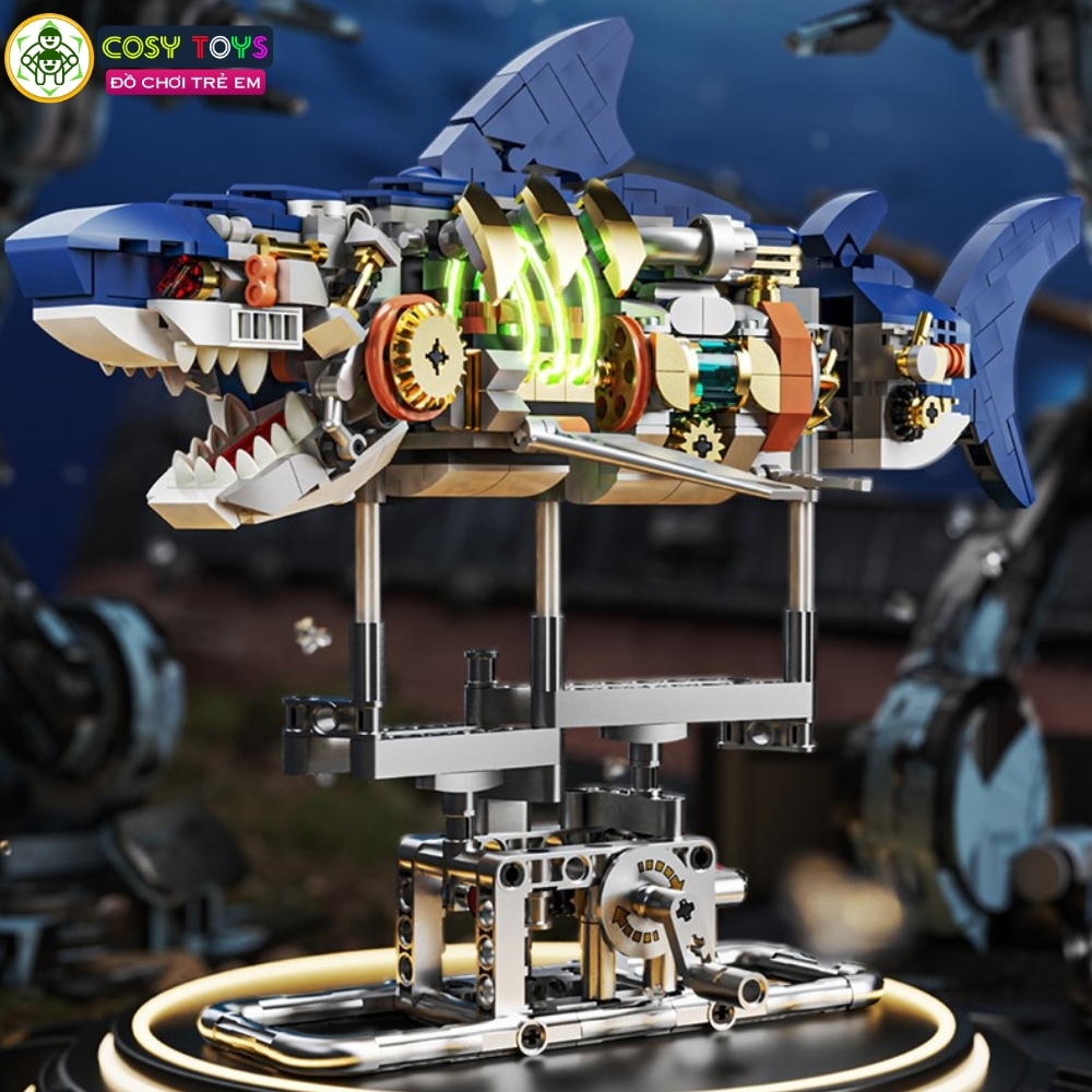 Đồ chơi xếp hình lắp ghép mô hình cá mập robot mới có động cơ chạy bằng dây cót với 687 chi tiết cho bé