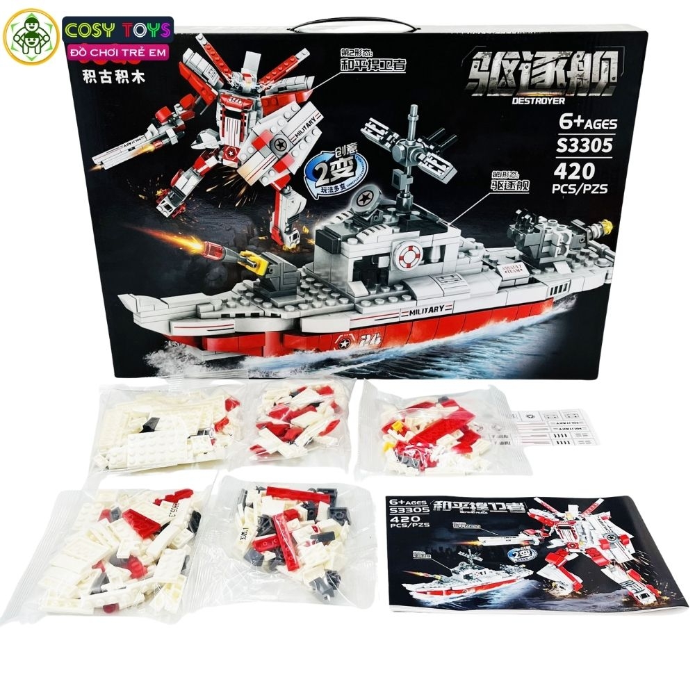 Đồ chơi lắp ghép xếp hình siêu nhân biến hình tàu chiến 2 trong 1 với 420 chi tiết