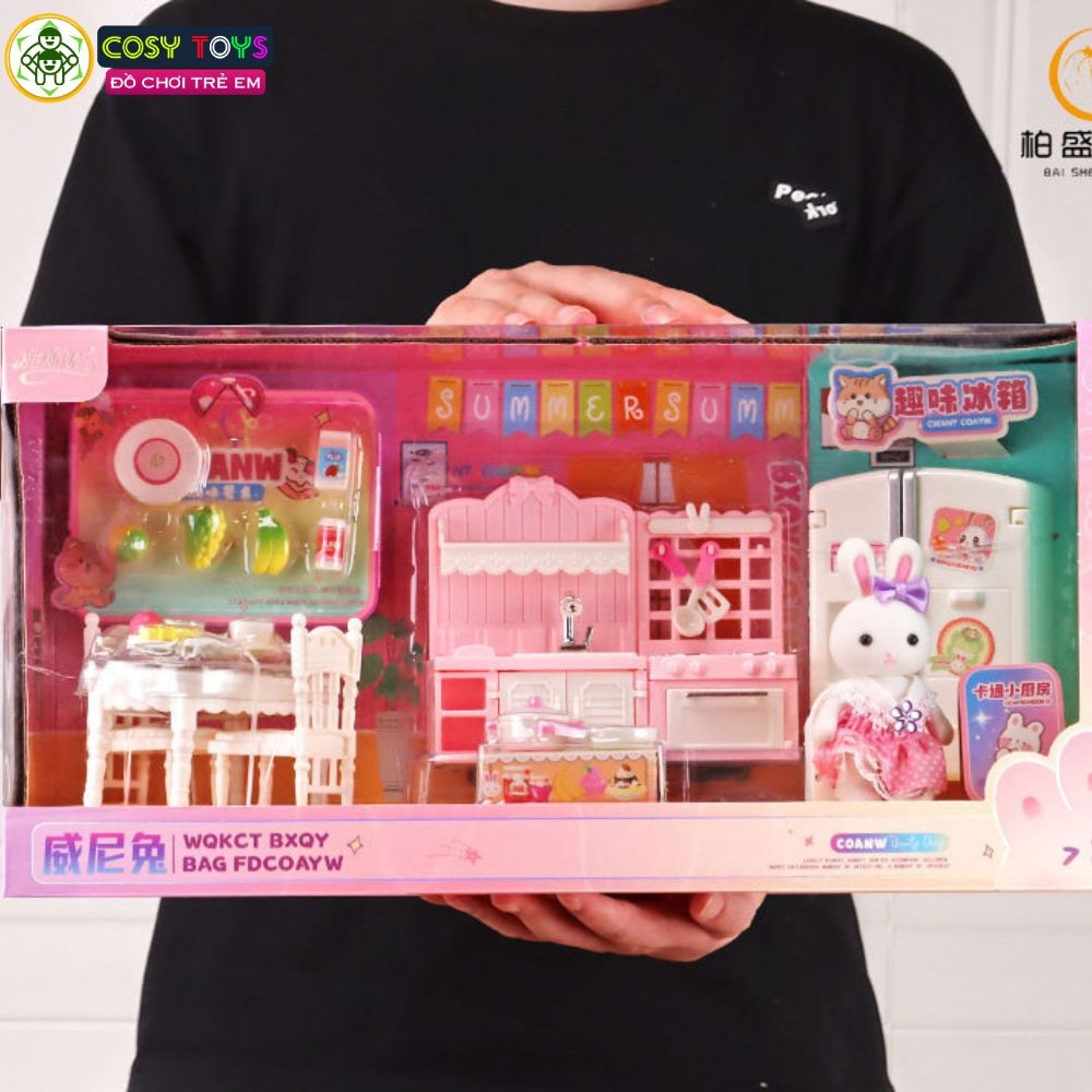 Đồ chơi búp bê thỏ mô hình gian bếp cùng các phụ kiện nhà bếp cho bé