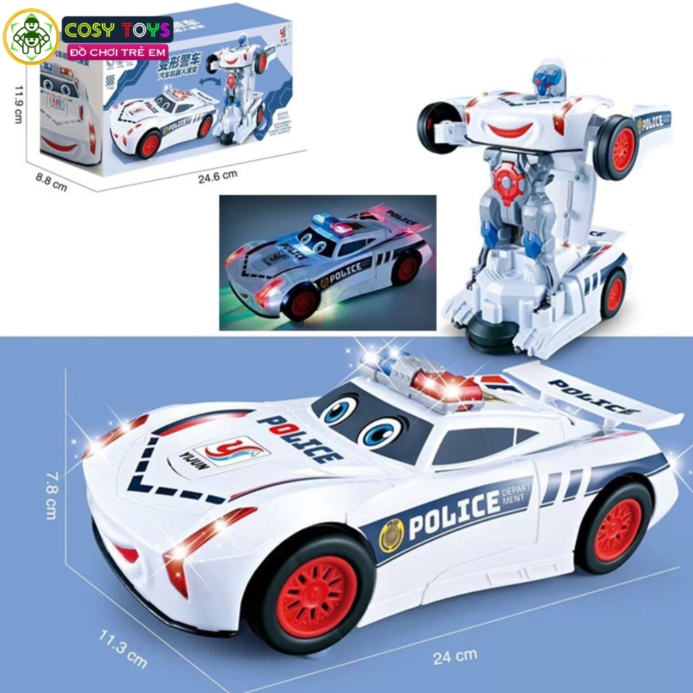 Đồ chơi xe oto cảnh sát biến hình thành robot có đèn và nhạc cho bé