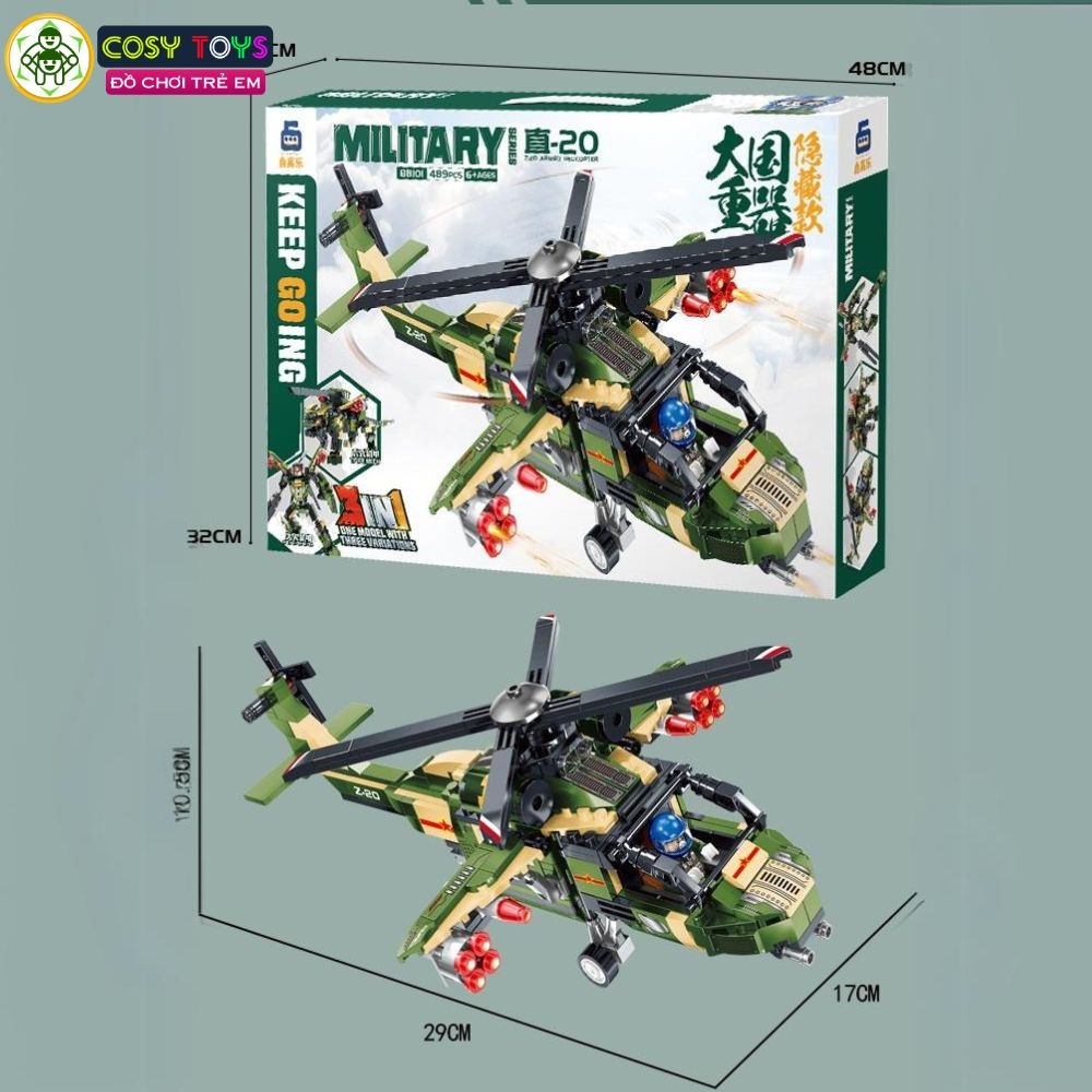 Đồ chơi lắp ghép xếp hình máy bay trực thăng vũ trang 3 trong 1 với 489 mảnh ghép