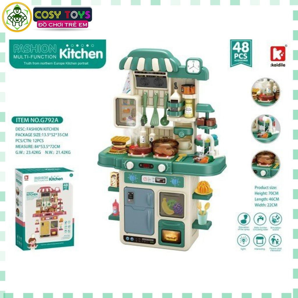 Đồ chơi mô hình bếp nấu ăn kèm dụng cụ bếp, đồ ăn kèm hiệu ứng khói khi chơi với hơn 48 chi tiết