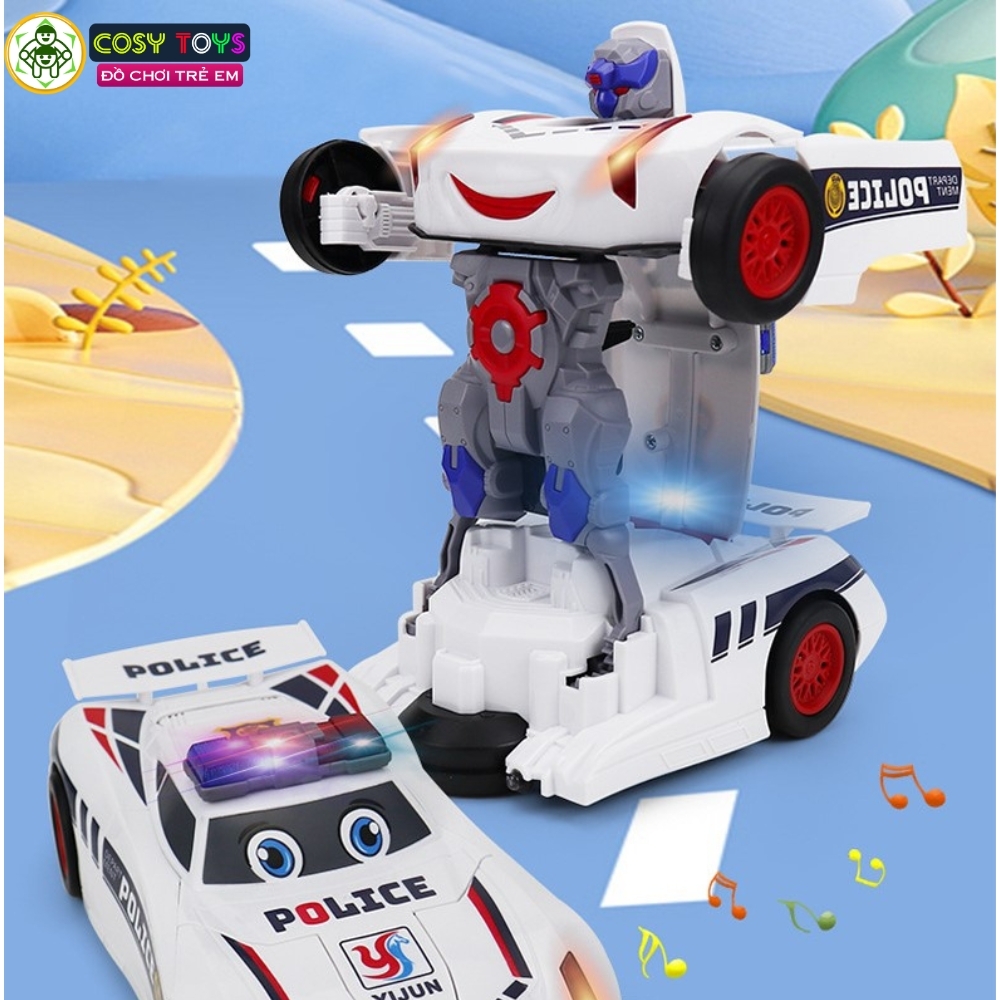 Đồ chơi xe oto cảnh sát biến hình thành robot có đèn và nhạc cho bé