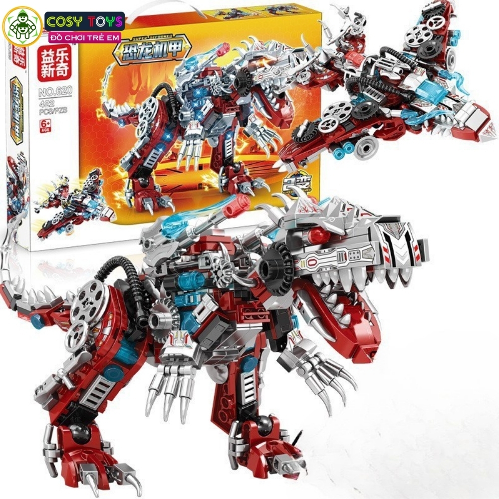 Đồ chơi lắp ghép xếp hình khủng long robot Super Mecha biến hình 2 trong 1 thành phi thuyền với 422 chi tiết