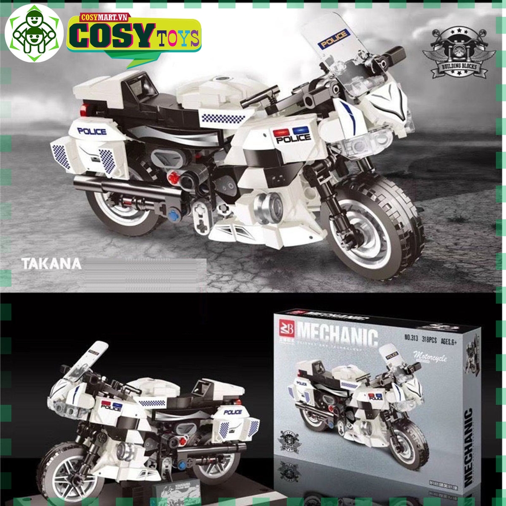 Đồ chơi lắp ghép xếp hình xe moto cản.h sá.t giao thông với 318 mảnh ghép cho bé
