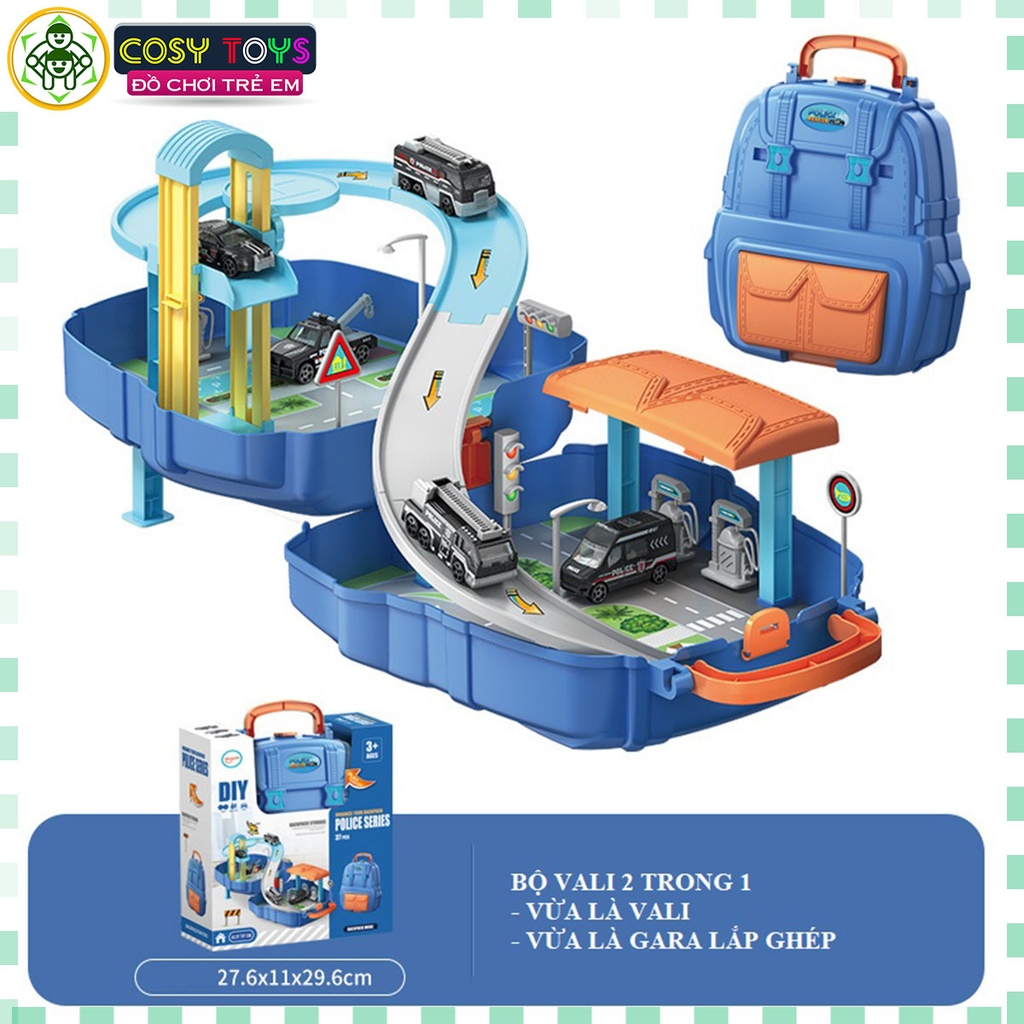 Đồ chơi vali cầu trượt - gara xe cao tầng 2 trong 1 cho bé với 37 chi tiết