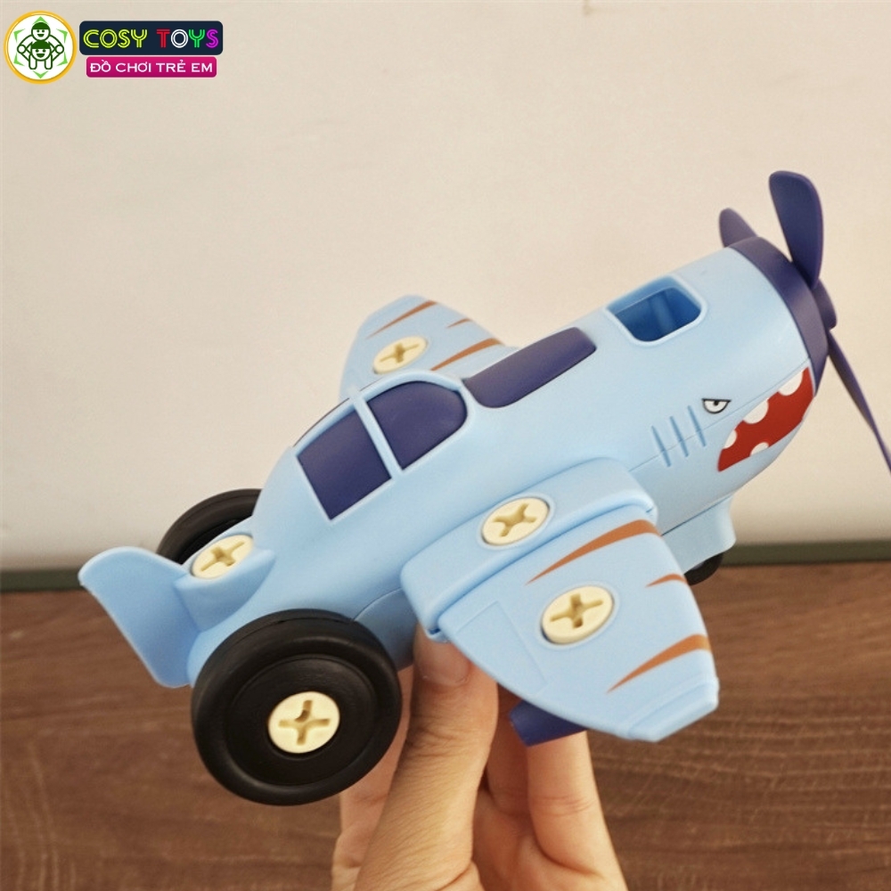 Đồ chơi mô hình 4 trong 1 gồm xe ô tô, tàu hỏa, xe máy bay, xe máy cày có thể tháo lắp được cho bé