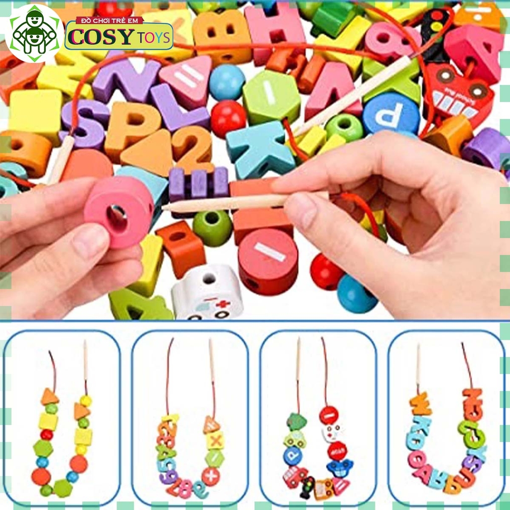 Đồ chơi phát triển trí tuệ xâu gỗ chữ số phương tiện giao thông với 75 chi tiết cho bé