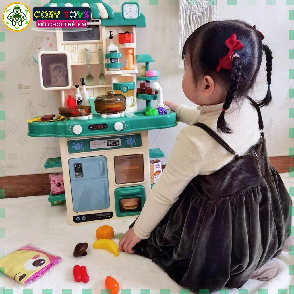 Đồ chơi mô hình bếp nấu ăn kèm dụng cụ bếp, đồ ăn kèm hiệu ứng khói khi chơi với hơn 48 chi tiết