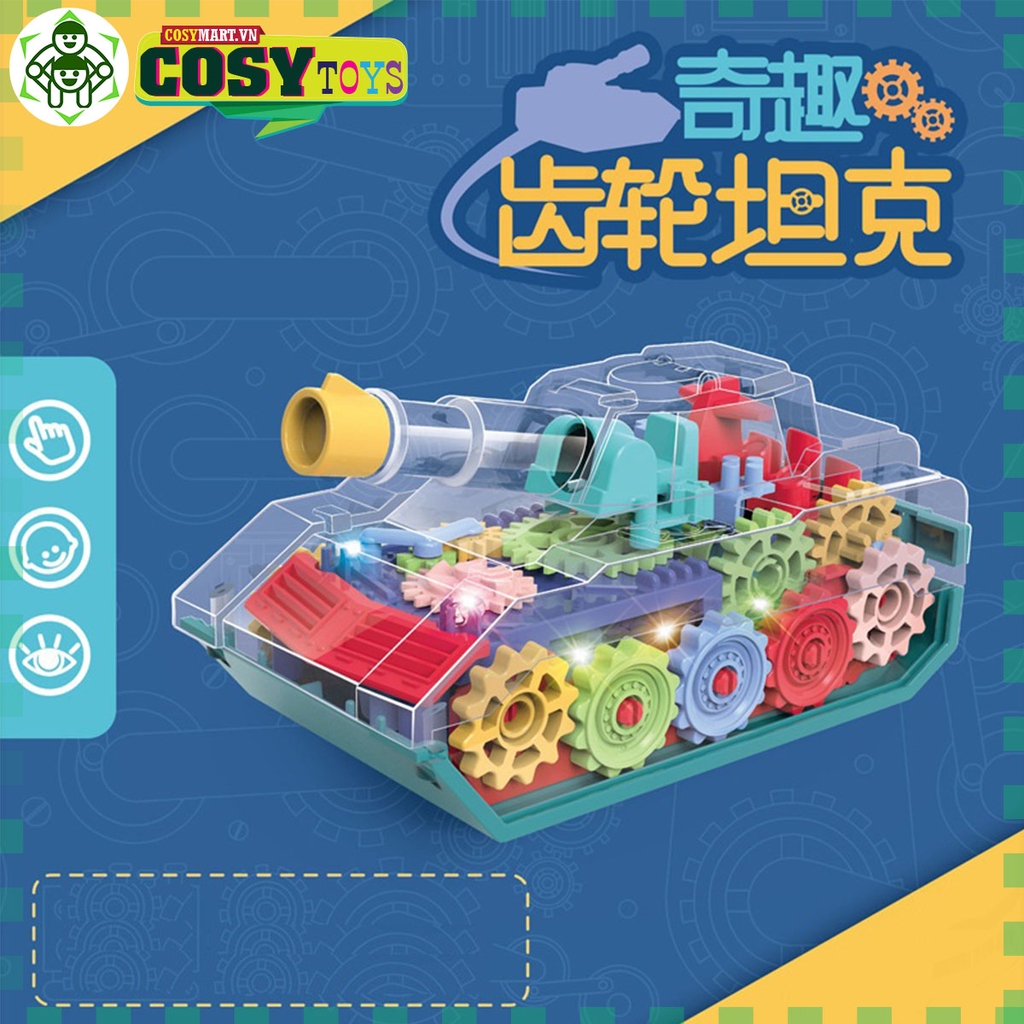 Đồ chơi mô hình xe tăng bánh răng trong suốt có đèn nhạc chạy bằng pin cho bé