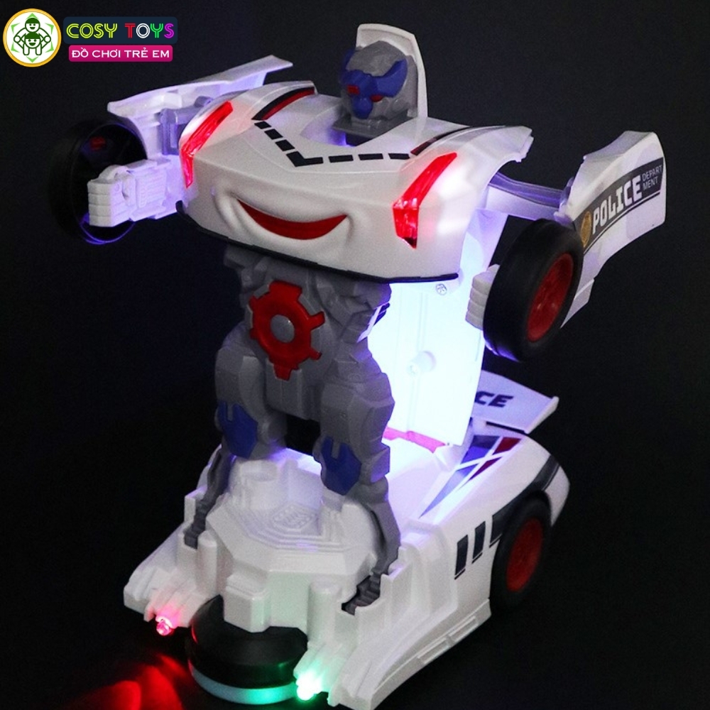Đồ chơi xe oto cảnh sát biến hình thành robot có đèn và nhạc cho bé