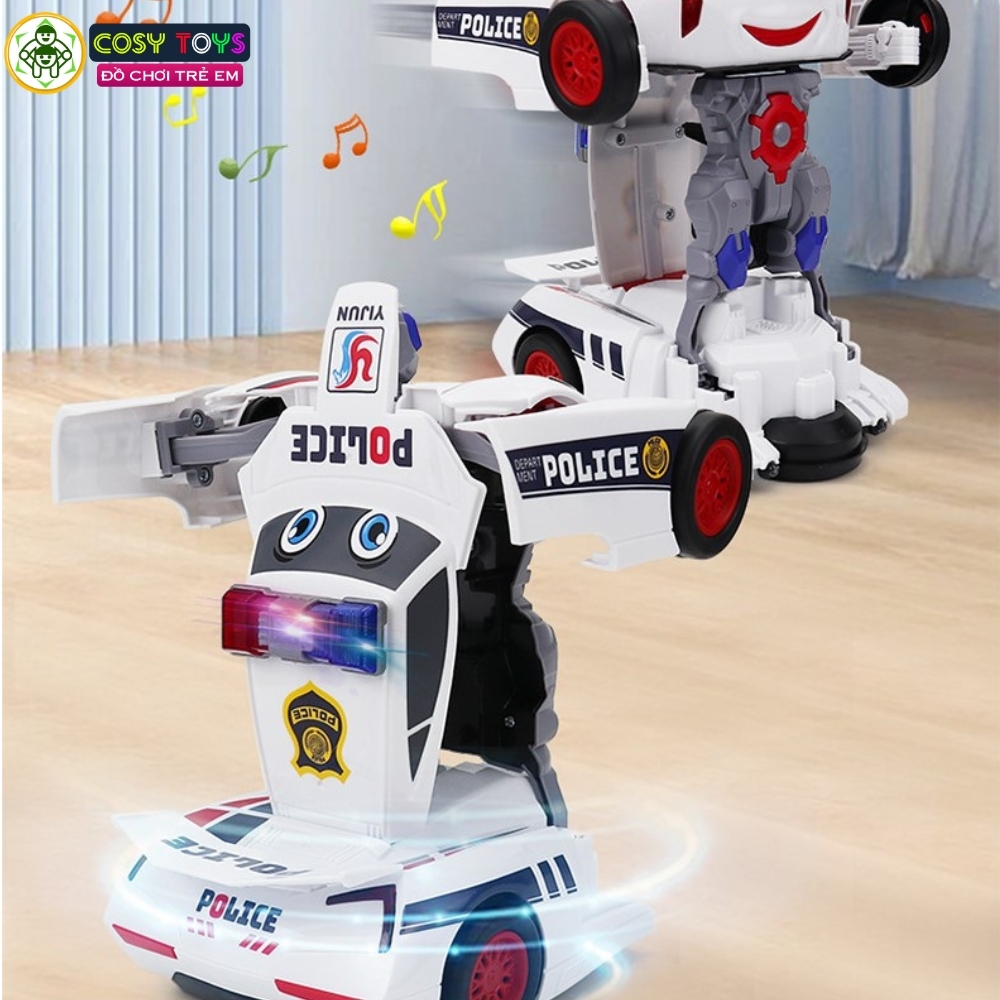 Đồ chơi xe oto cảnh sát biến hình thành robot có đèn và nhạc cho bé