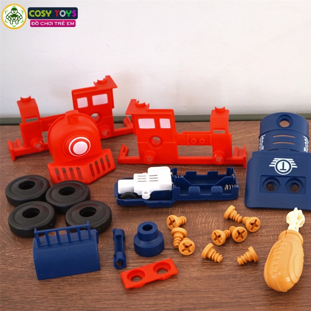 Đồ chơi mô hình 4 trong 1 gồm xe ô tô, tàu hỏa, xe máy bay, xe máy cày có thể tháo lắp được cho bé
