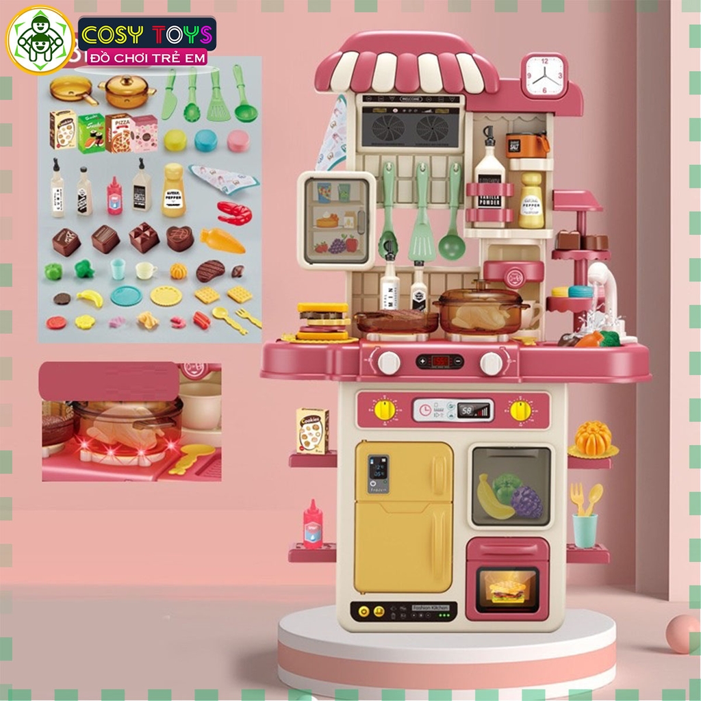 Đồ chơi mô hình bếp nấu ăn kèm dụng cụ bếp, đồ ăn kèm hiệu ứng khói khi chơi với hơn 48 chi tiết