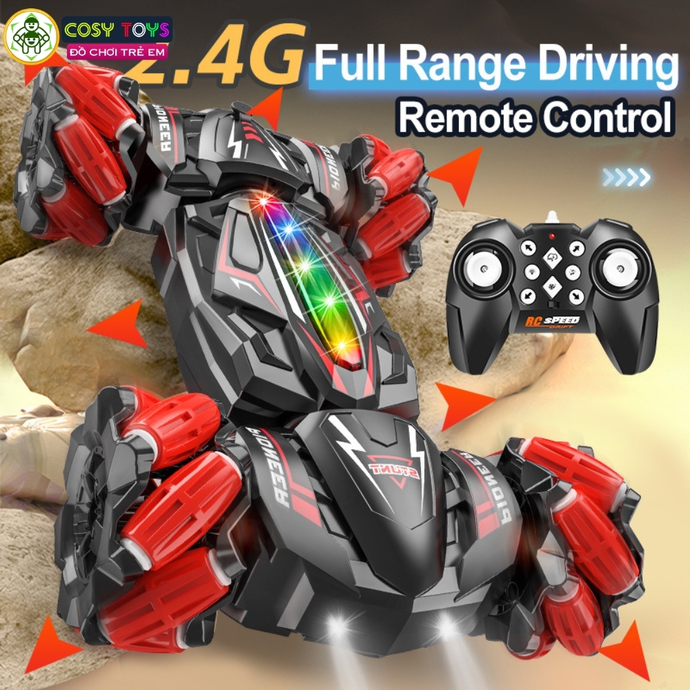Đồ chơi xe đua đua bánh xoắn thân dài stunt racer xoay 360 độ có điều khiển từ xa 4 chiều cho bé
