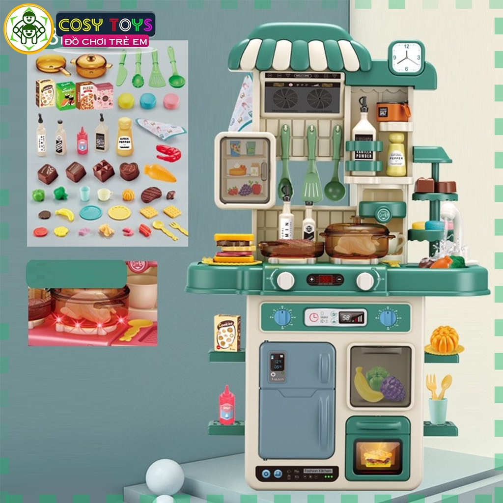 Đồ chơi mô hình bếp nấu ăn kèm dụng cụ bếp, đồ ăn kèm hiệu ứng khói khi chơi với hơn 48 chi tiết
