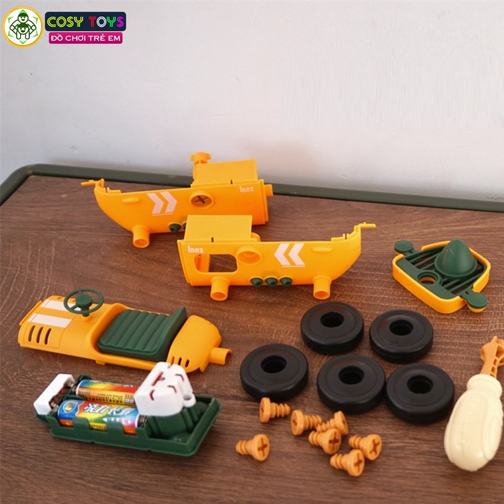Đồ chơi mô hình 4 trong 1 gồm xe ô tô, tàu hỏa, xe máy bay, xe máy cày có thể tháo lắp được cho bé