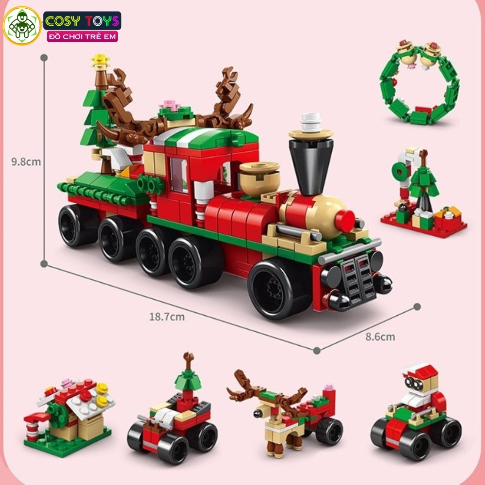 Đồ chơi lắp ghép xếp hình đoàn tàu giáng sinh kèm xe chở quà, tuần lộc, nhà tuyết nhỏ với 270 chi tiết