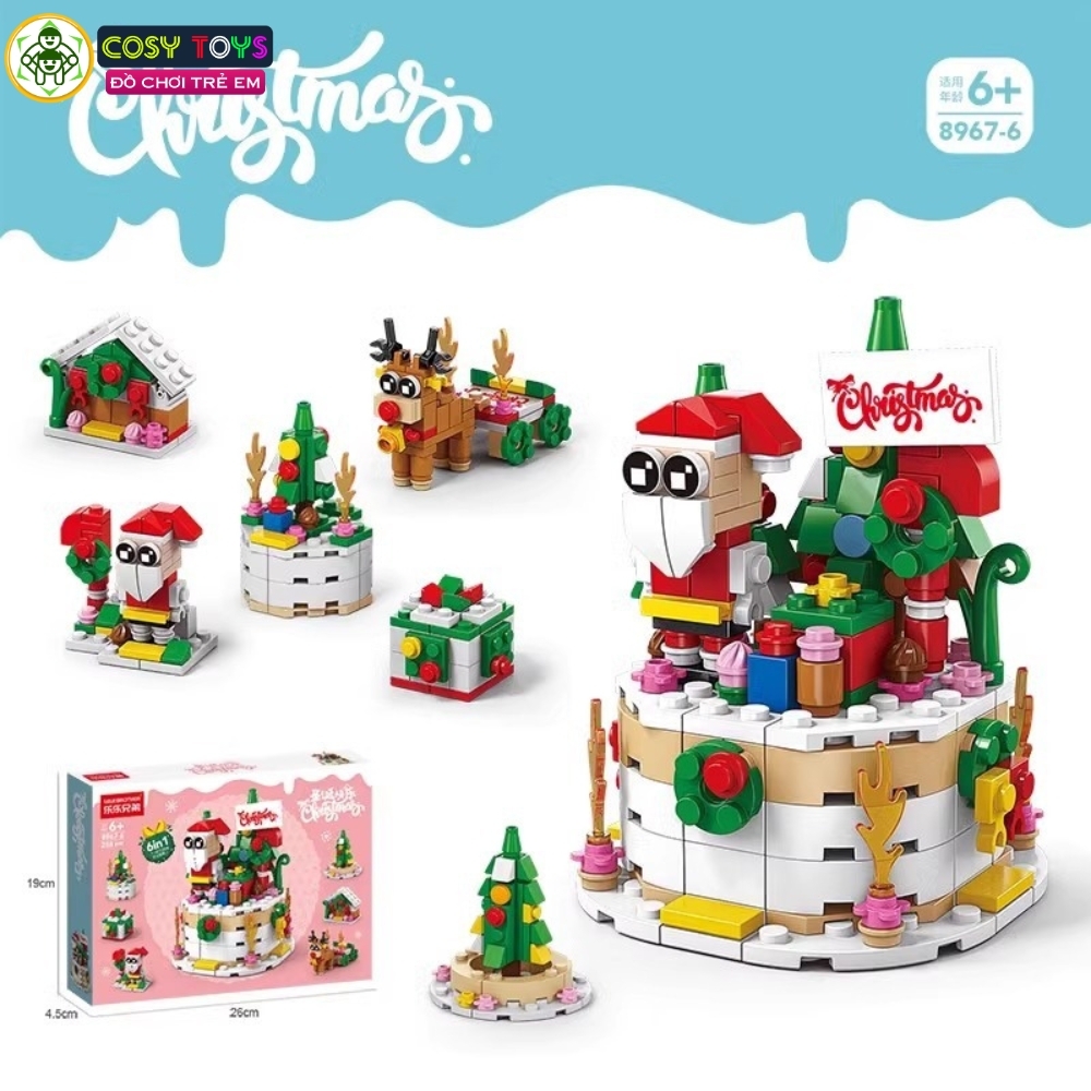 Đồ chơi lắp ghép xếp hình bánh kem gáng sinh và xe chở quà cùng ông già Noel 6 trong 1 với 307 chi tiết