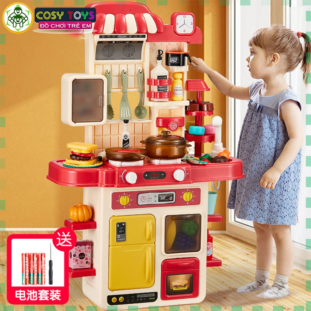 Đồ chơi mô hình bếp nấu ăn kèm dụng cụ bếp, đồ ăn kèm hiệu ứng khói khi chơi với hơn 48 chi tiết
