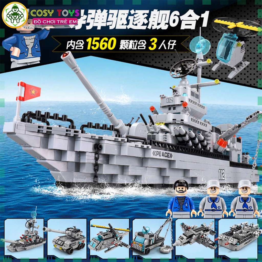 Đồ chơi lắp ghép xếp hình tàu chiến đấu cao cấp cỡ lớn 6 trong 1 kèm trực thăng, tàu nhỏ và các nhân vật thủy thủ với 1560 mảnh ghép