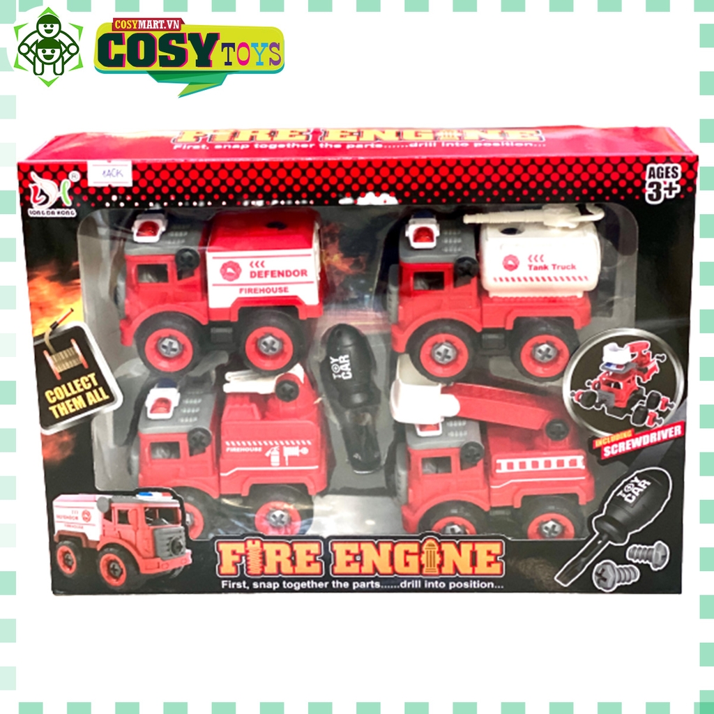 Hộp 04 xe cứu hỏa màu đỏ đủ mẫu cực đẹp cho bé