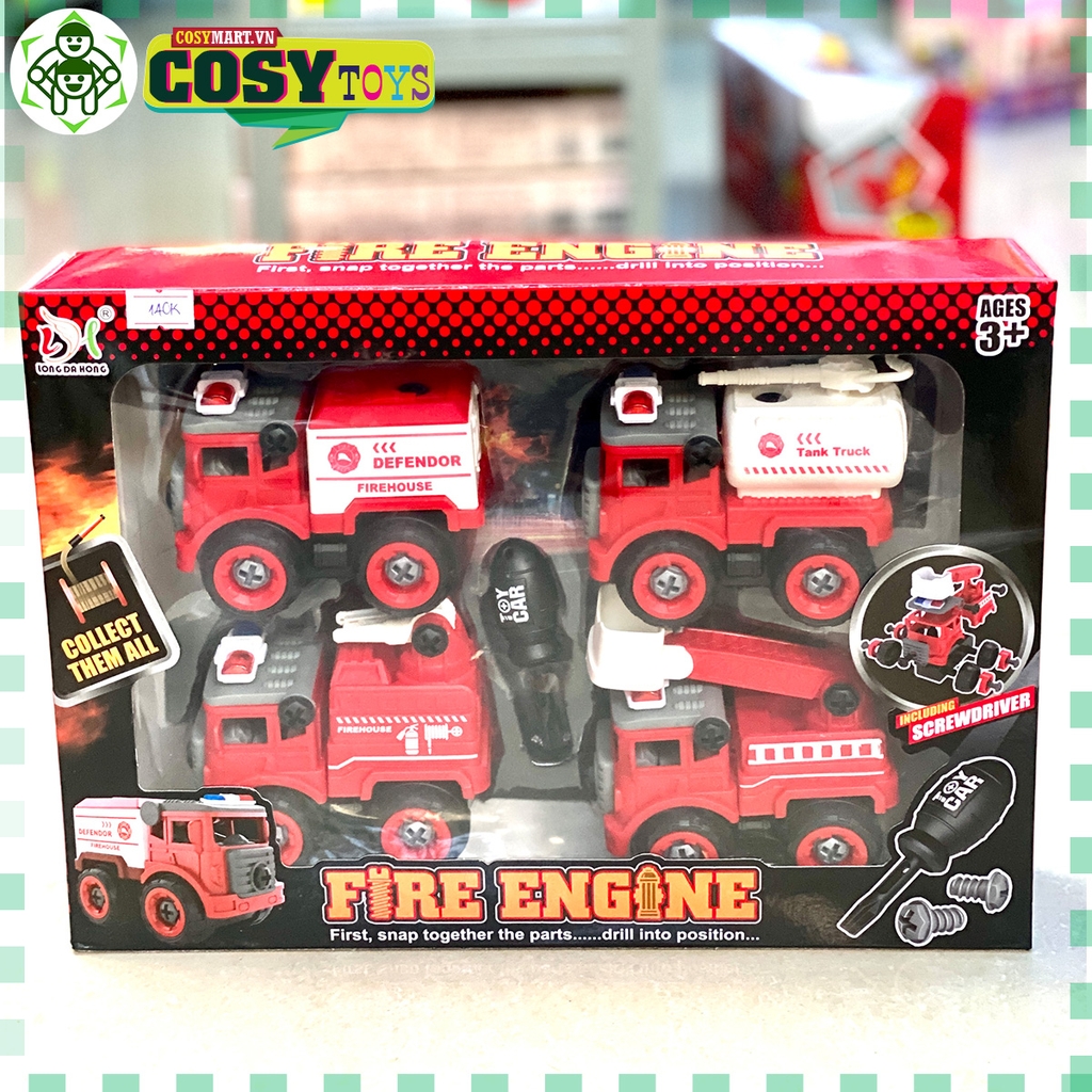 Hộp 04 xe cứu hỏa màu đỏ đủ mẫu cực đẹp cho bé