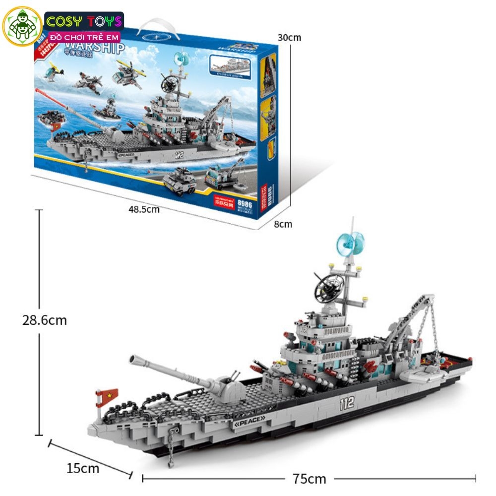 Đồ chơi lắp ghép xếp hình tàu chiến đấu cao cấp cỡ lớn 6 trong 1 kèm trực thăng, tàu nhỏ và các nhân vật thủy thủ với 1442 mảnh ghép