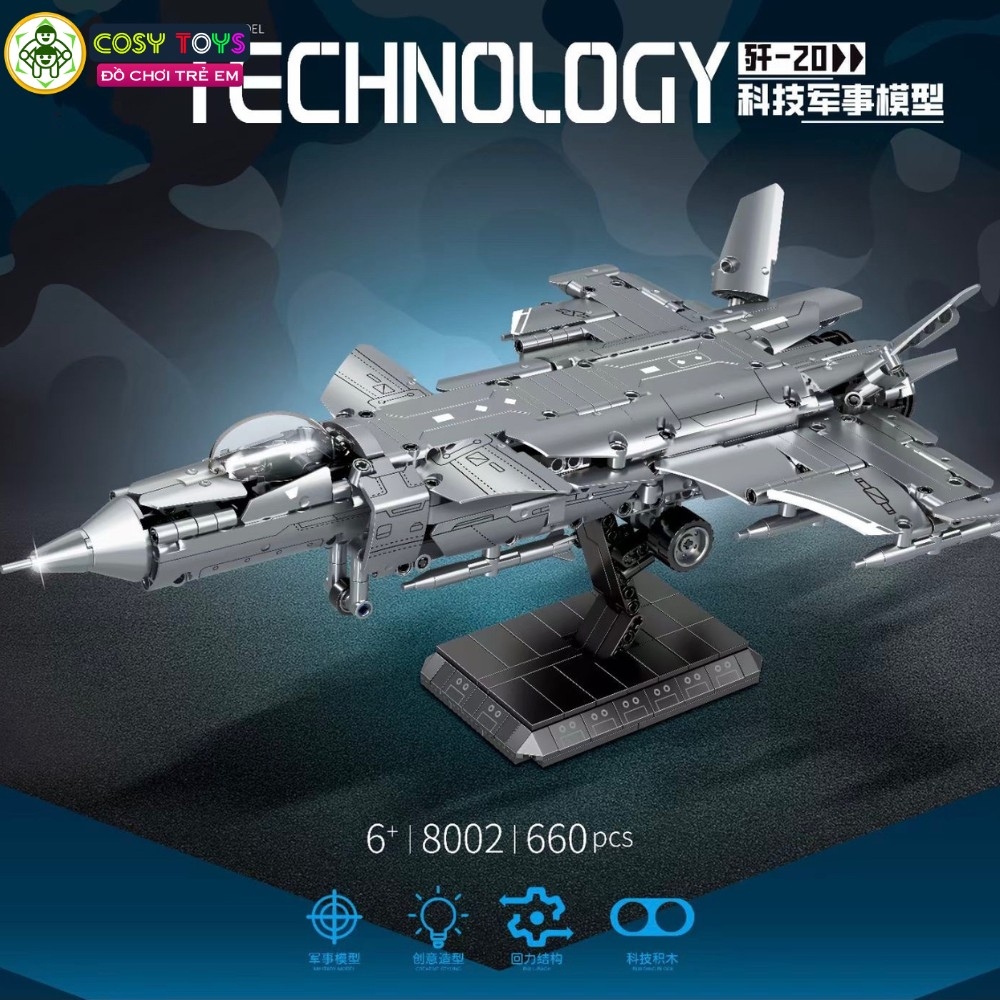 Đồ chơi lắp ghép xếp hình máy bay tiêm kích vũ trang màu đen cực đẹp kèm giá đỡ với 660 mảnh ghép