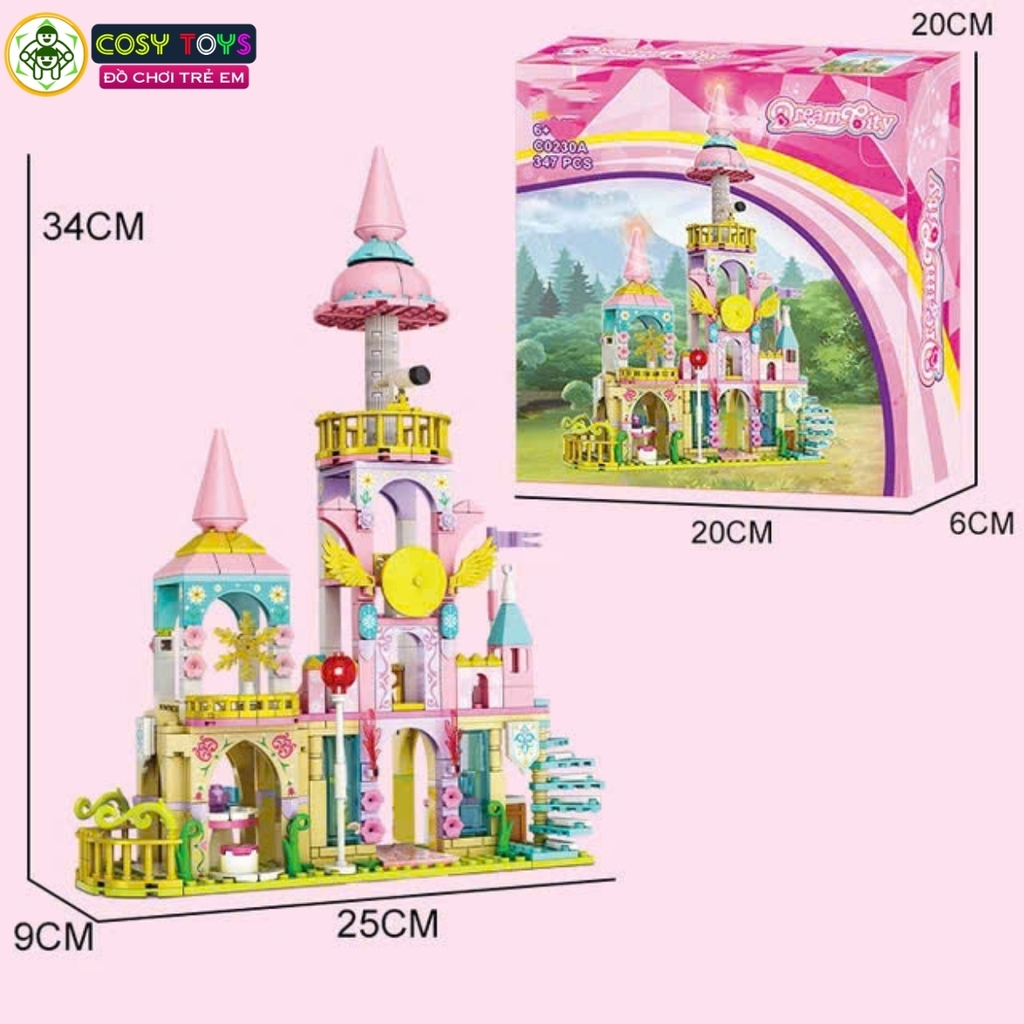Đồ chơi lắp ghép xếp hình lâu đài ánh sao màu hồng công chúa với 347 chi tiết
