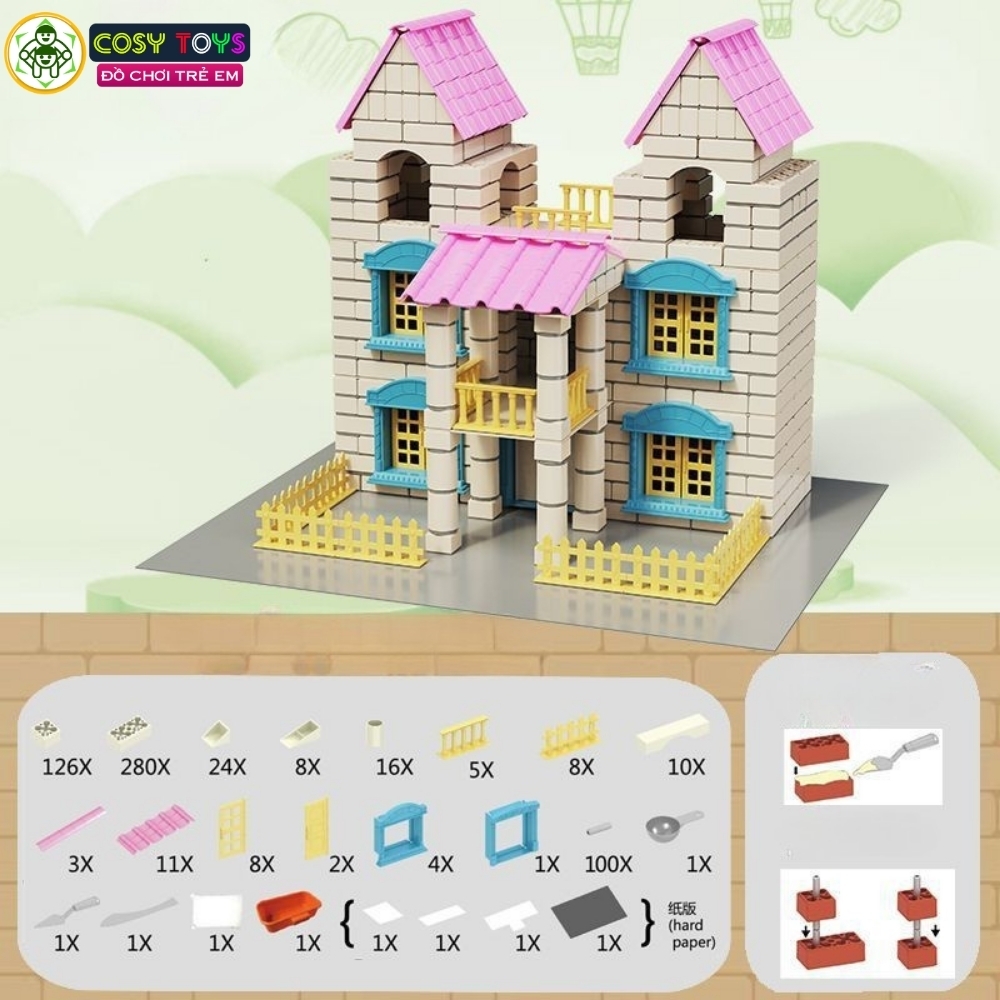 Đồ chơi xây nhà biệt thự mini bằng gạch và sơn màu với 160 chi tiết cho bé