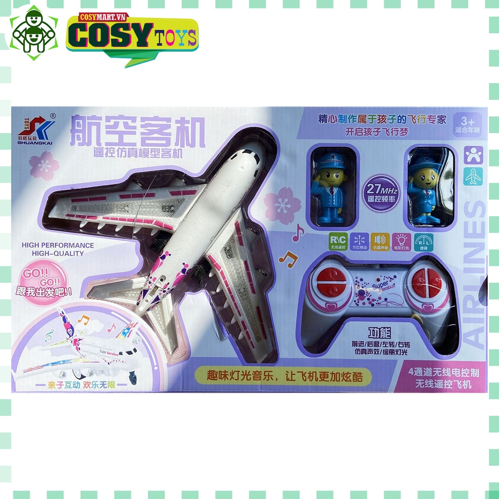 Máy bay điều khiển từ xa 4 chiều, kèm phi hành đoàn, có đèn và nhạc khi chơi cho bé